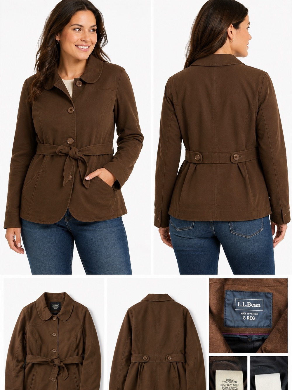LL BEAN Cotton Trench Style Lined belted Short Jacket Cost Brown woman’s Sz S